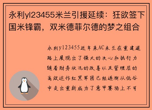 永利yl23455米兰引援延续：狂欲签下国米锋霸，双米德菲尔德的梦之组合！ - 副本