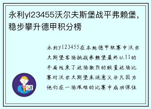 永利yl23455沃尔夫斯堡战平弗赖堡，稳步攀升德甲积分榜