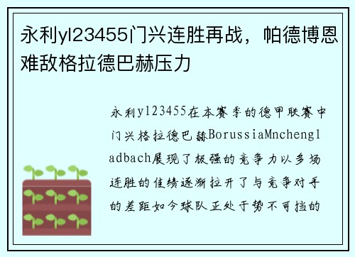 永利yl23455门兴连胜再战，帕德博恩难敌格拉德巴赫压力