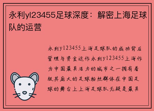 永利yl23455足球深度：解密上海足球队的运营